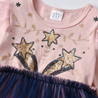 Sequin Bunny Star Ears Cotton Dress - Pink and Gold