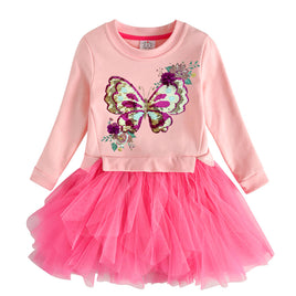 Sequined Butterfly Cotton Dress With Irregular Mesh
