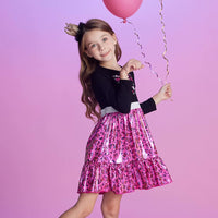 Adorable Black and Pink Cat Design Kids Cotton Shiny Dress