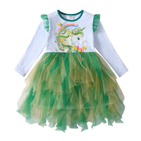 Green Unicorn Mesh Long Sleeve Cotton Dress Perfect for St Patrick's Day