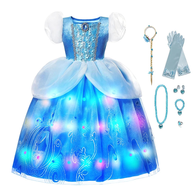 LED Light Up Disney Princess Dress for Girls Halloween Costume Cosplay Cinderella  Comic Con Kids Gown Halloween Party Robe