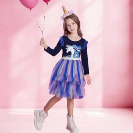 Purple Unicorn Long Sleeve Mesh Cotton Dress