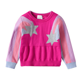 Adorable Pink Star Striped Pullover Knitwear Cotton Sweater for Autumn Winter