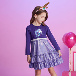 Sparkling Purple Unicorn Cotton Long Sleeve Dress