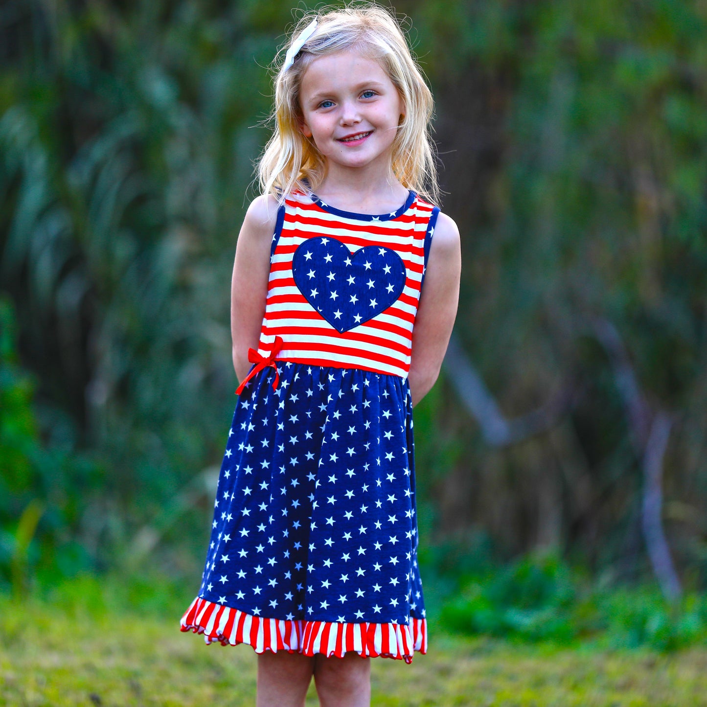 AnnLoren Girls 4th of July Stars & Striped Heart Dress Red White &