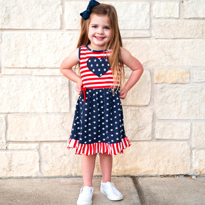 AnnLoren Girls 4th of July Stars & Striped Heart Dress Red White &