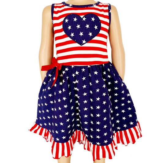 AnnLoren Girls 4th of July Stars & Striped Heart Dress Red White &