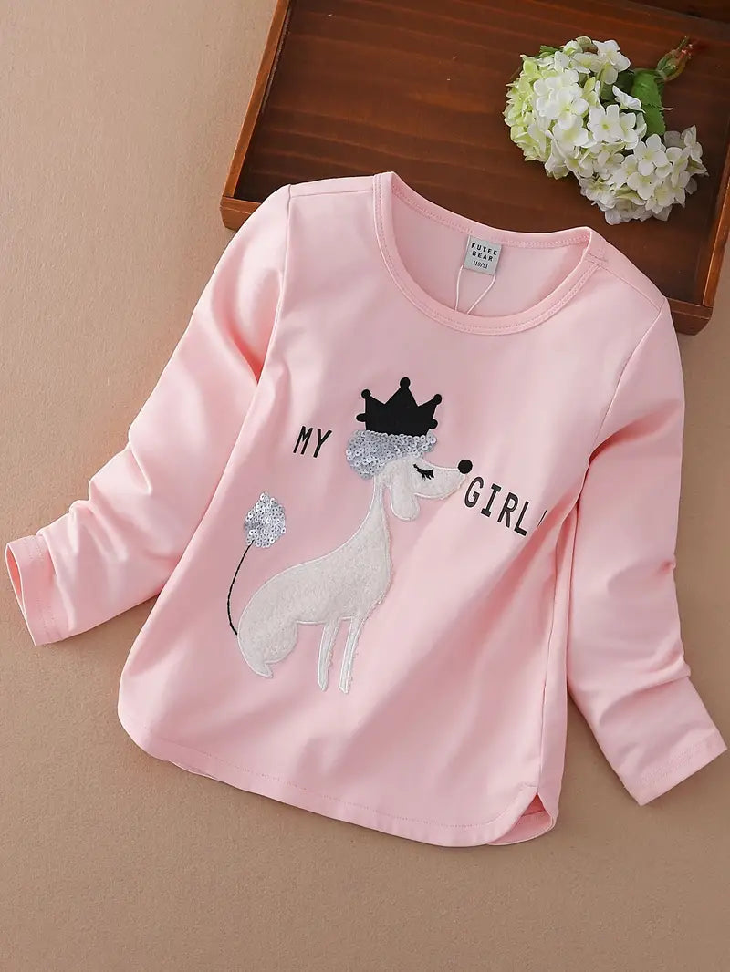 95% Cotton Lightweight Long Sleeve T-Shirt with Puppy Print & Sequins