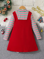 Girls' Stylish Splicing Cane Embroidery Long Sleeve Striped Suspender Dress - Creative 2-in-1 Design, Bow Decor