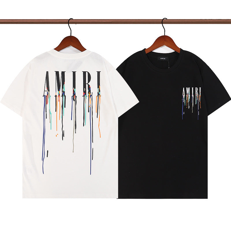 Cross-border foreign trade European and American fashion summer colorful letters amiri printed short sleeve men and women all-match round neck loose T-shirt