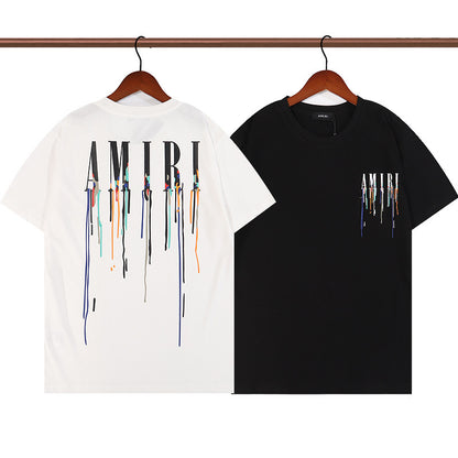 Cross-border foreign trade European and American fashion summer colorful letters amiri printed short sleeve men and women all-match round neck loose T-shirt