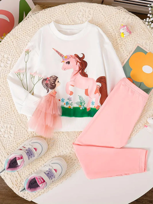 Pony Pattern 2pcs/set Girls Long Sleeve Sweatshirt Top + Pants Set