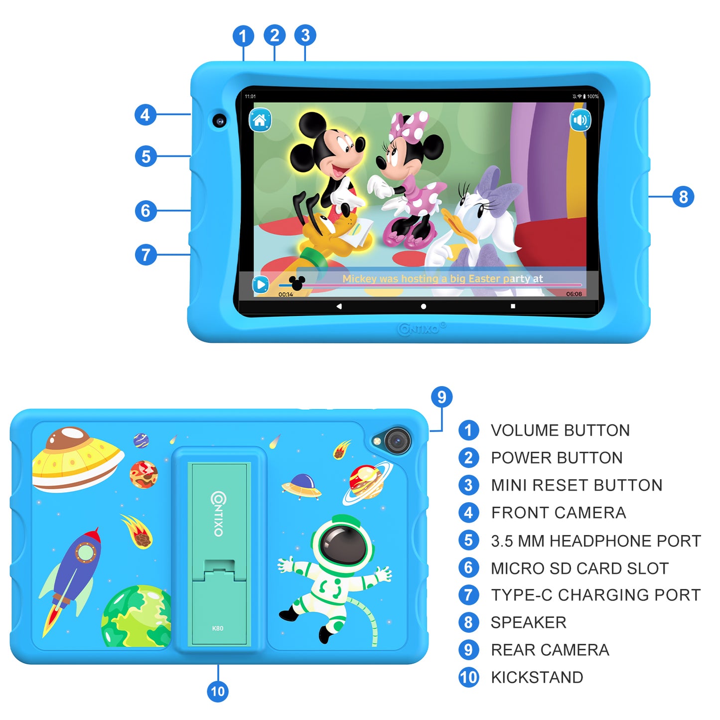 K80 Blue 8" Kids 64GB Android Tablet with Disney E-books and videos