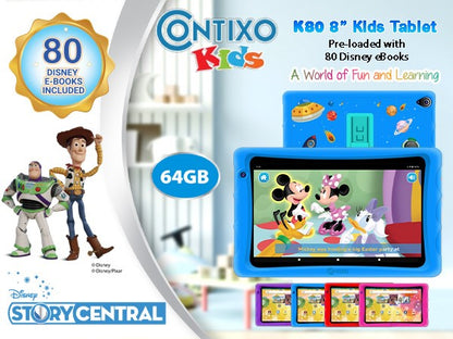 K80 Blue 8" Kids 64GB Android Tablet with Disney E-books and videos