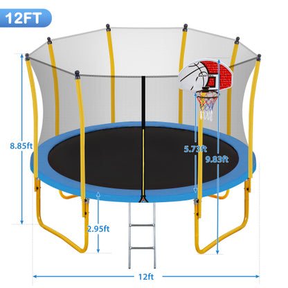 12FT Trampoline for Kids with Safety Enclosure Net Basketball Hoop