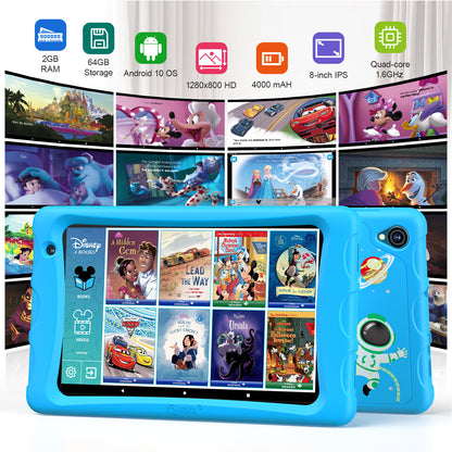 K80 Blue 8" Kids 64GB Android Tablet with Disney E-books and videos