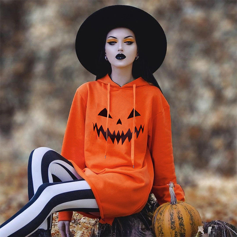 Halloween Pumpkin Printed Hoodie Dress Women 2023 Fall New Casual Fashion Long Sleeve Hooded Sweatshirt Dress Y2K Streetwear