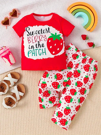 StraBerry In The Patch Print 2pcs Casual Outfit