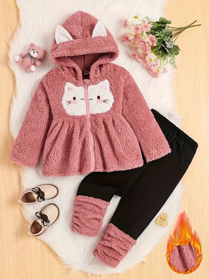 Cartoon Cat Embroidered Hooded Fleece Jacket with Ears and Pants Set