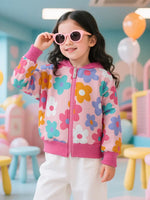 Comfy Floral Print Girls Hooded Fleece Jacket with Zipper Front