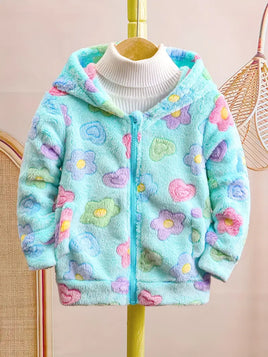 Hooded Plush Jacket with & Rainbow Print