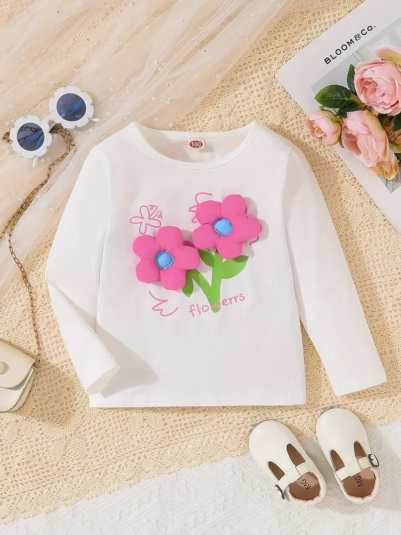 Cotton T-Shirt For Girls With 3D Flower Print