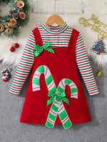 Girls' Stylish Splicing Cane Embroidery Long Sleeve Striped Suspender Dress - Creative 2-in-1 Design, Bow Decor