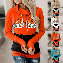 New Ladies Halloween Colorblock Pumpkin Hand Sweatshirt