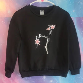 Size 10 Black Warm Sweatshirt with Cat and Cherry Blossom Design