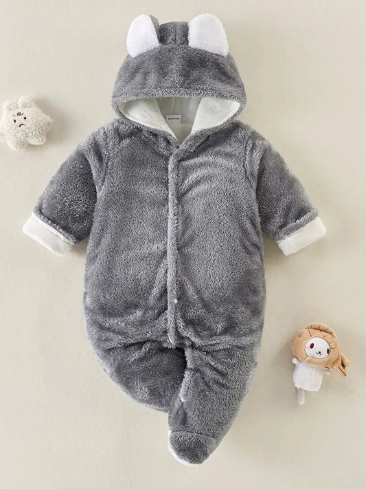 Baby Solid Color Bear Ears Warm Fleece Bodysuit