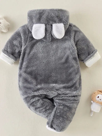 Baby Solid Color Bear Ears Warm Fleece Bodysuit